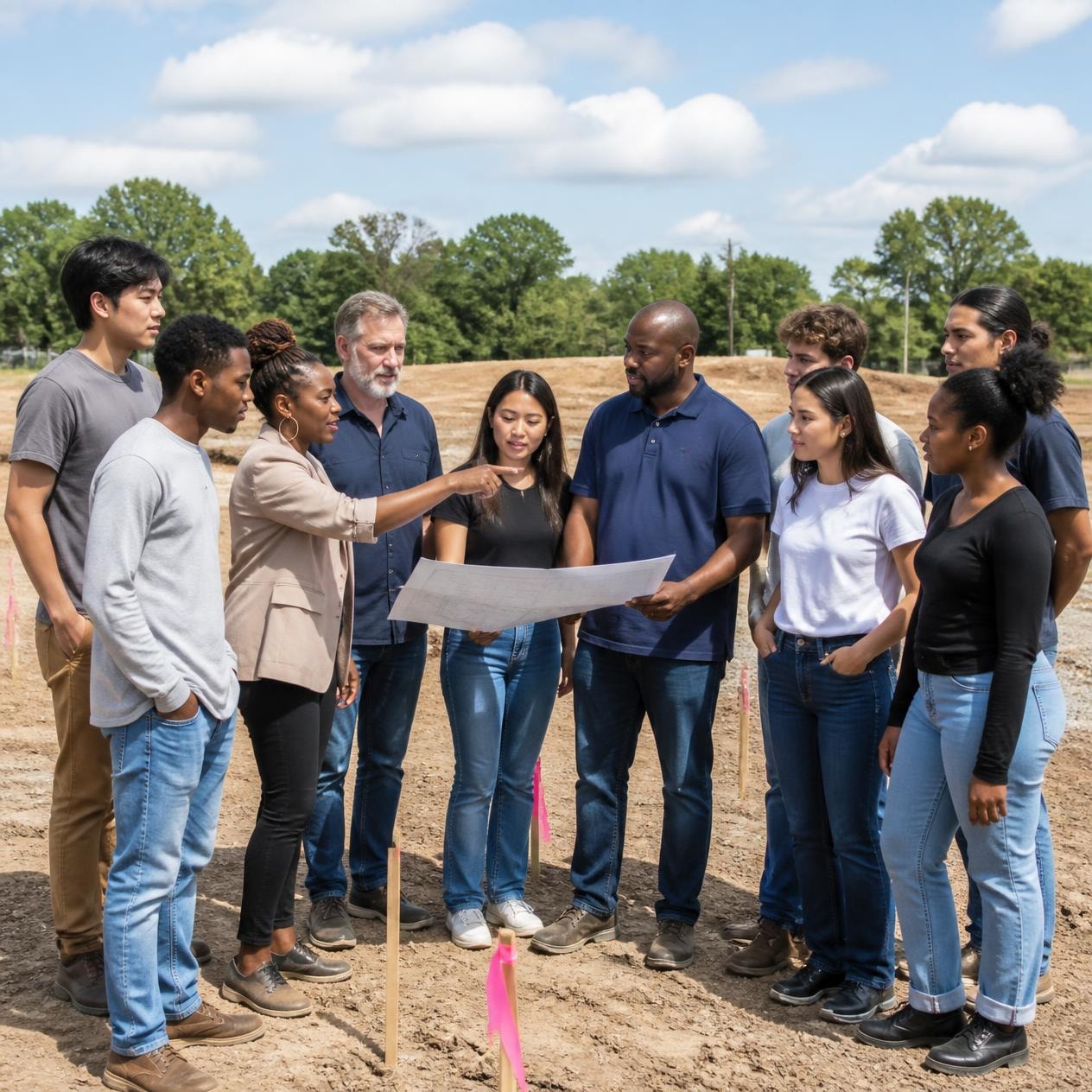 Diverse group of community members reviewing plans together at a construction site